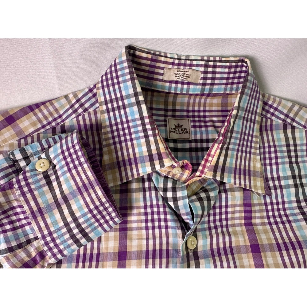 Peter Millar Mens M Plaid Button Down Dress Shirt Cotton Long Sleeve‎ Multicolor